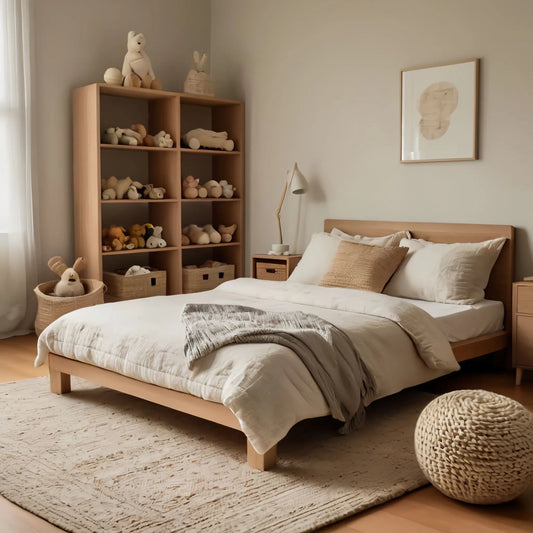 Inspiration pour une chambre Montessori lumineuse et sereine avec un lit au sol et un tapis rond en laine