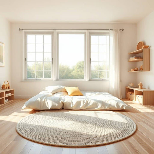 Inspiration pour une chambre Montessori lumineuse et sereine avec un lit au sol et un tapis rond en laine
