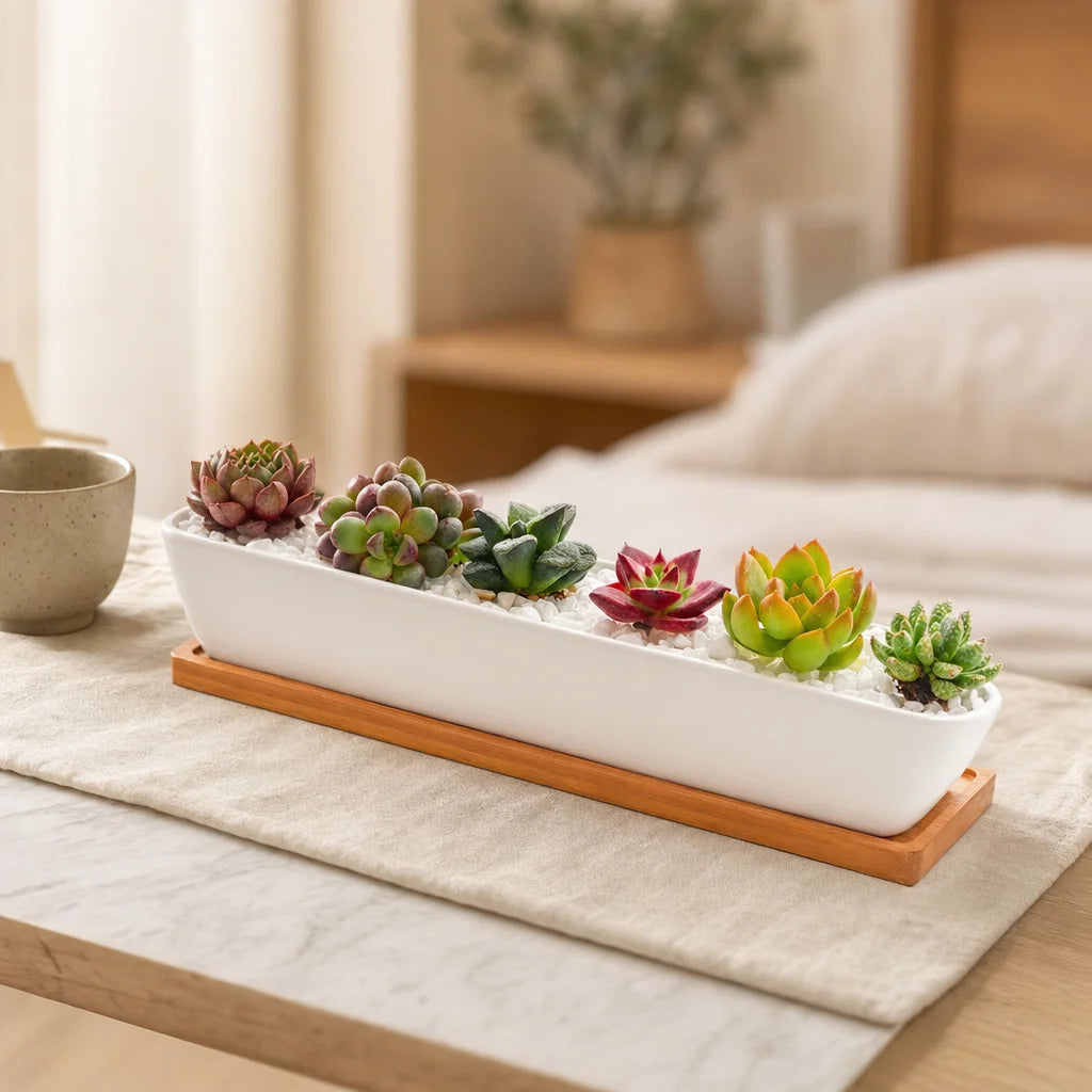 biophilie_vegetal - jardinière céramique bambou à l'échelle sur bureau avec laptop, référence de taille