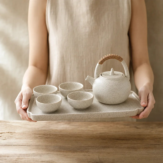 service à thé japonais - ensemble céramique artisanale grise sur fond blanc épuré